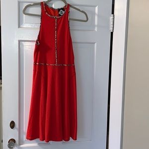 A-line coral-red midi dress with trim detail